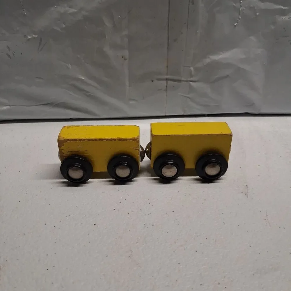 2 Vintage Yellow All Wood Magnetic Train Car  - as is